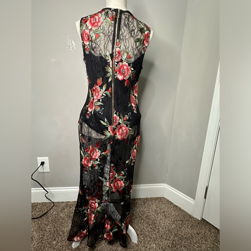 black lace dress with flowers.